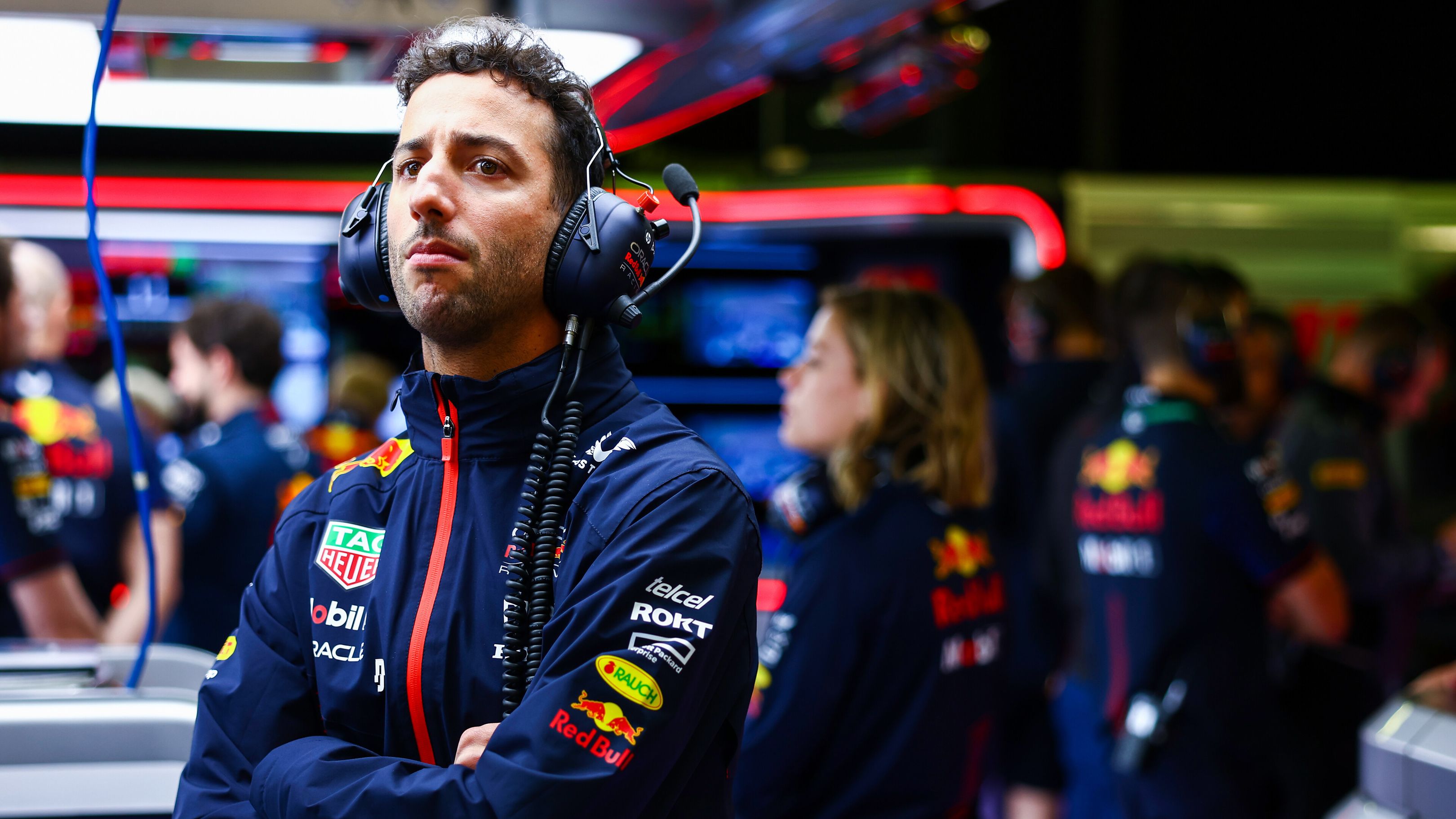 Daniel Ricciardo of Australia and Oracle Red Bull Racing looks on in the garage during qualifying ahead of the F1 Grand Prix of Australia 