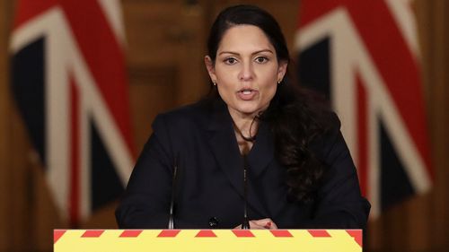 Britain's Home Secretary Priti Patel speaks during a media briefing on the COVID-19 pandemic in Downing Street, London, Thursday, Jan. 21, 2021