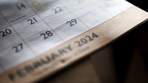 A calendar shows the month of February, including leap day, Feb. 29.
