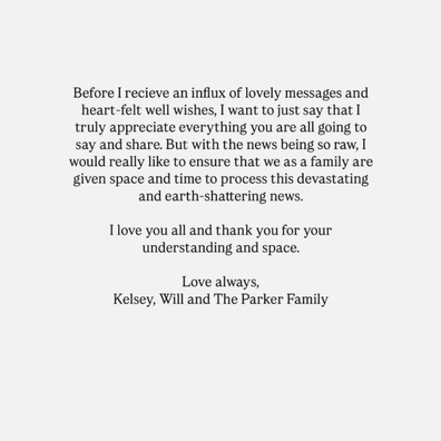 Kelsey Parker shares a statement to Instagram after third child was born stillborn. 