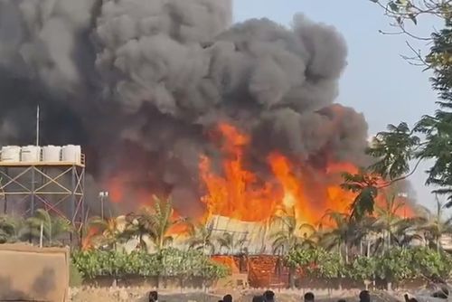 The flames at an amusement park in India.