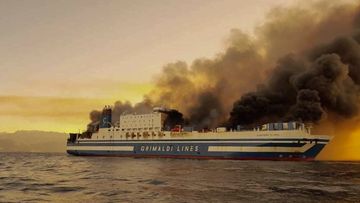 A ferry is on fire at the Ionian Sea near the island of Corfu, Greece, on Friday, Feb. 18, 2022. 