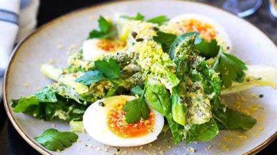 <a href="http://kitchen.nine.com.au/2017/09/18/17/17/chiswick-asparagus-and-cos-salad-with-bottarga-and-soft-egg" target="_top">Chiswick's asparagus and cos salad </a>recipe&nbsp;