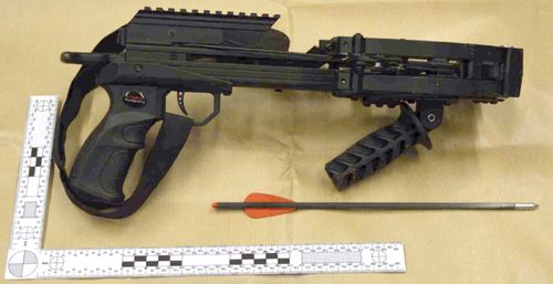 This undated photo released by the Crown Prosecution Service on Friday Feb. 3, 2023, shows a crossbow which Jaswant Singh Chail, 21, was carrying when arrested, after being caught in the grounds of Windsor Castle. Chail pleaded guilty to treason on Friday for planning to attack Queen Elizabeth II 