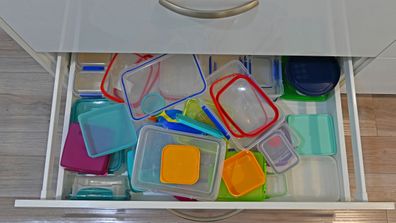 Very messy plastics drawer in a kitchen
