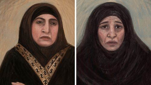 Court sketches of Kawsar Ahmad (left) and Zeinab Ahmad (right) at their bail hearings. <!-- --> <!-- -->(AAP)” /><figcaption class=