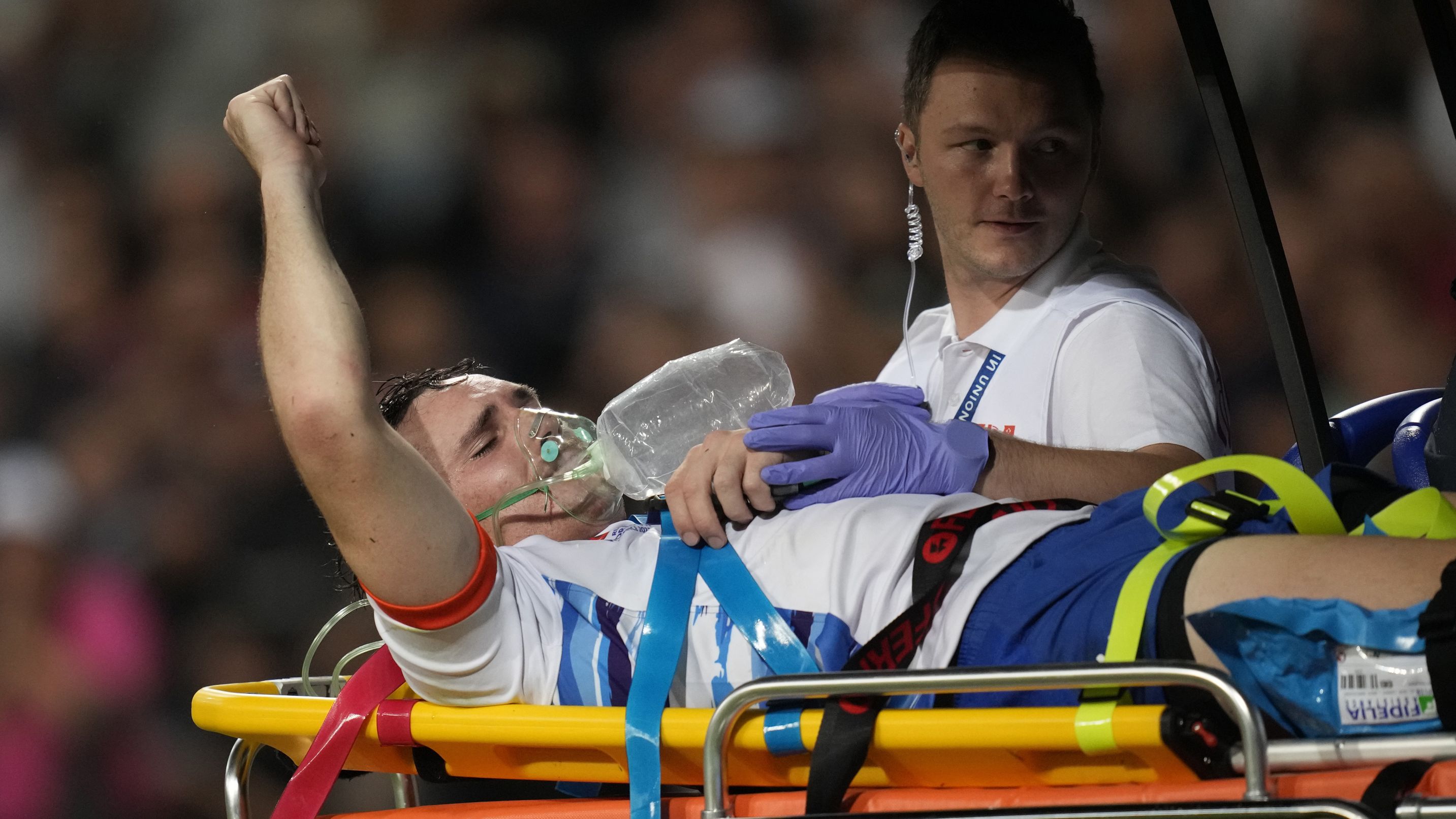 Le Roux Malan is taken off the field on a stretcher after getting injured during the Rugby World Cup Pool A match between New Zealand and Namibia.