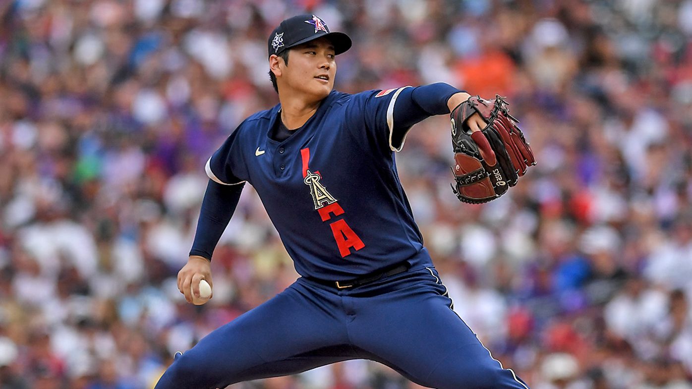 Shohei Ohtani of the Los Angeles Angels works against the National League during the first inning of the MLB All Star Game