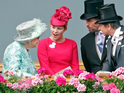 Queen Elizabeth II, Autumn Phillips, Peter Phillips and John Warren at Royal Ascot 2018.