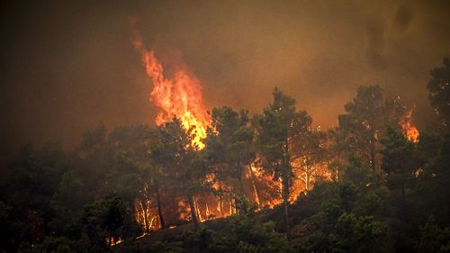 Flames rise during a forest fire on the island of Rhodes, Greece, Saturday, July 22, 2023. 