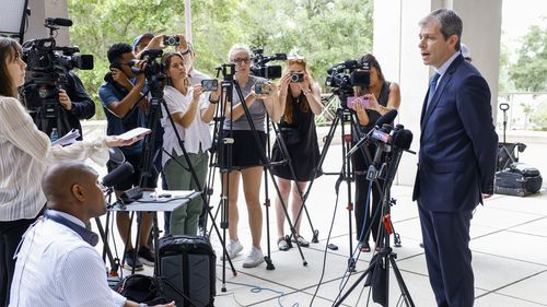 David Oscar Markus, an attorney for Ghislaine Maxwell, talks with the media outside the federal courthouse, Friday, July 25, 2025, in Tallahassee, Fla., after Deputy Attorney General Todd Blanche met with Maxwell, the imprisoned former girlfriend of financier and convicted sex offender Jeffrey Epstein. (AP Photo/Colin Hackley)