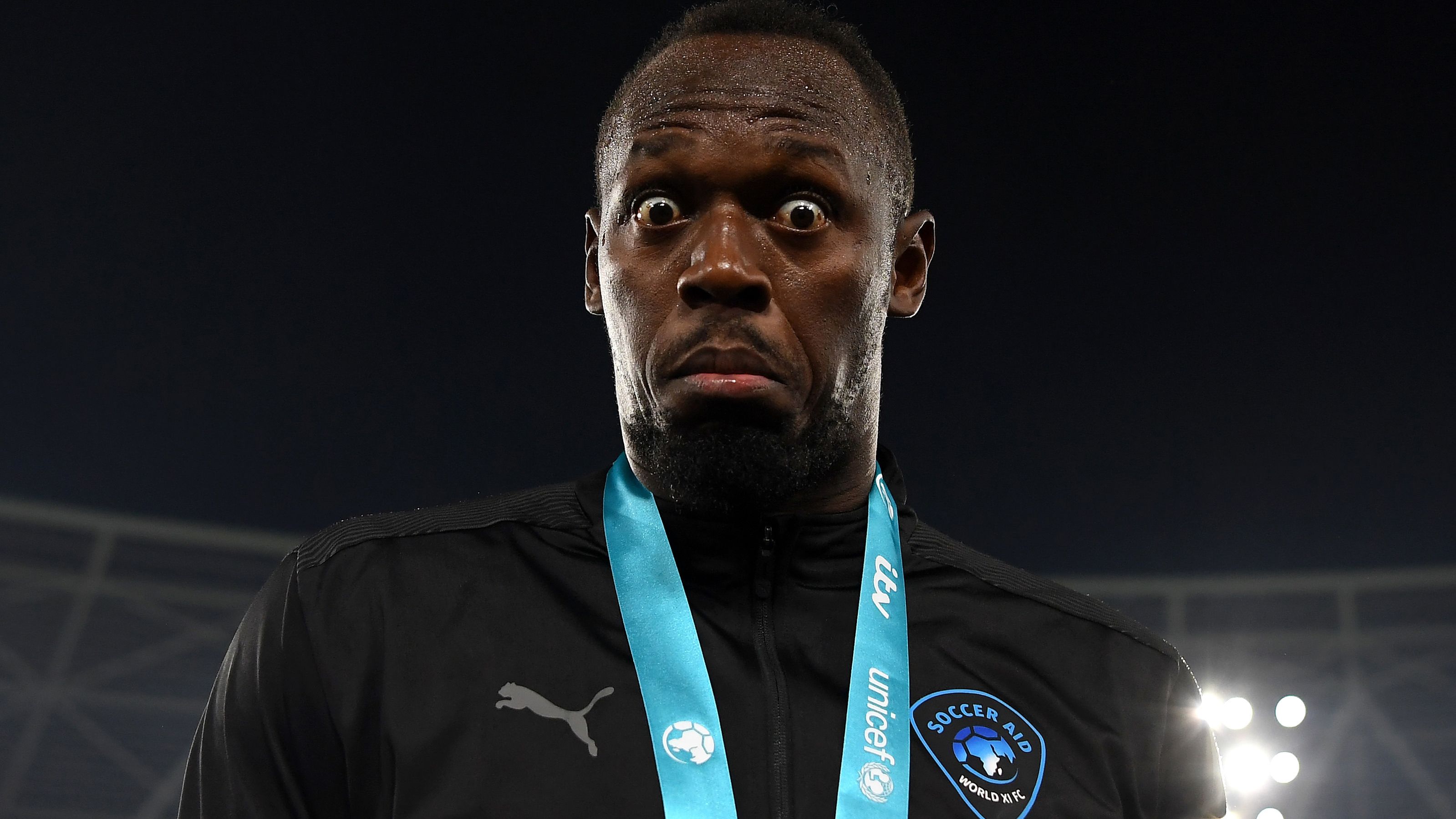 LONDON, ENGLAND - JUNE 12: Usain Bolt of World XI FC looks on after Soccer Aid for Unicef 2022 at London Stadium on June 12, 2022 in London, England. (Photo by Alex Davidson/Getty Images)