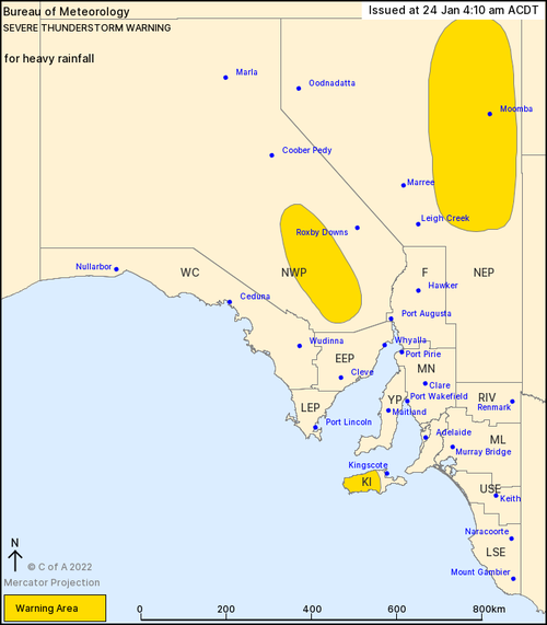 A severe thunderstorm warning has been issued for central and northeastern parts of the state, as well as Kangaroo Island.