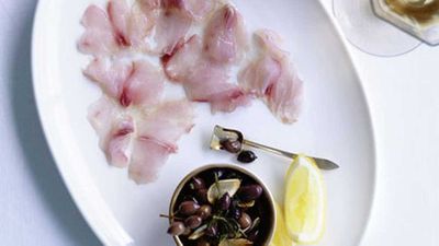 Recipe:&nbsp;<a href="http://kitchen.nine.com.au/2016/05/17/14/29/suzuki-mulloway-carpaccio-with-wild-olives" target="_top">Suzuki mulloway carpaccio with wild olives</a>