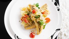 Pan-fried whiting with leek, tomato and olive salsa