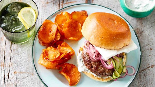 Lamb and feta burger with sweet potato crisps. Image: We Love Our Lamb