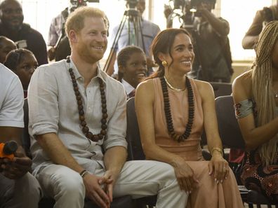 Prince Harry, Duke of Sussex and Meghan, Duchess of Sussex visit Lightway Academy on May 10, 2024 in Abuja, Nigeria. 