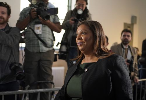 New York Attorney General Letitia James arrives for the trial of former President Donald Trump at New York Supreme Court, Tuesday, Oct. 17, 2023, in New York 
