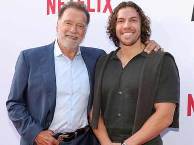 Arnold Schwarzenegger with son Joseph Baena at the premiere of Season 2 of Netflix series FUBAR on June 11, 2025.
