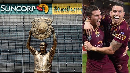 Suncorp Stadium (left), and Queensland Maroons players celebrate a win at the stadium. (AAP)