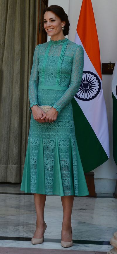 Duchess Kate is a long-time fan of Temperley London and she's particularly fond of this lace midi style dress. She wore a sparkling emerald version when she met with the Indian Prime Minister Narendra Modi in New Delhi in April.