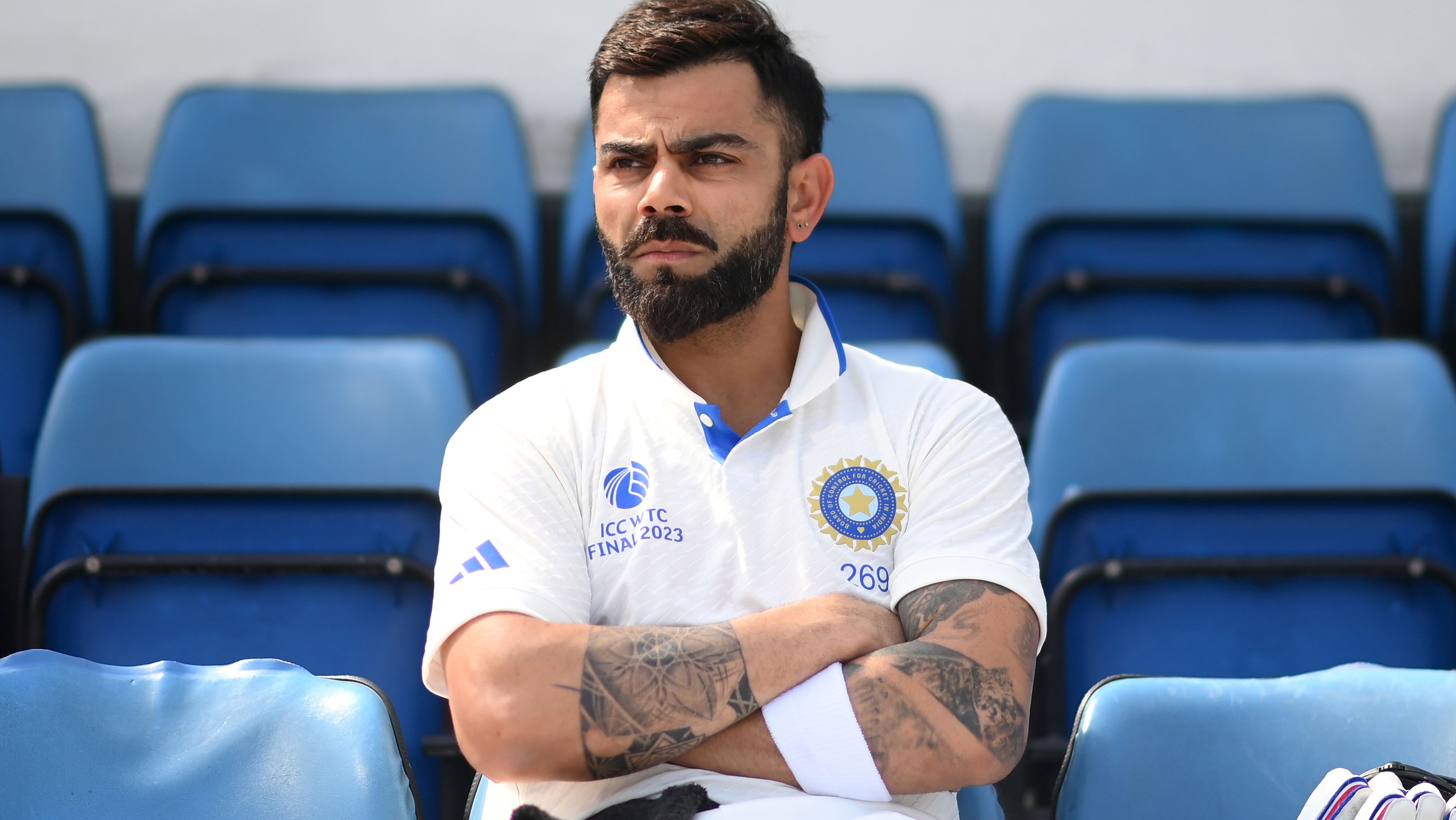 Virat Kohli of India waits before batting during day five of the ICC World Test Championship Final between Australia and India at The Oval on June 11, 2023 in London, England. (Photo by Alex Davidson-ICC/ICC via Getty Images)