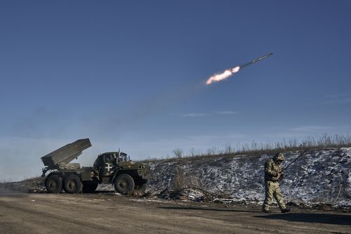 Ukrainian army Grad multiple rocket launcher fires rockets at Russian positions in the frontline near Soledar, Donetsk region, Ukraine, Wednesday, Jan. 11, 2023.  