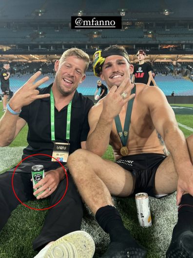 Nathan Cleary and Mick Fanning after the 2023 NRL Grand Final.
