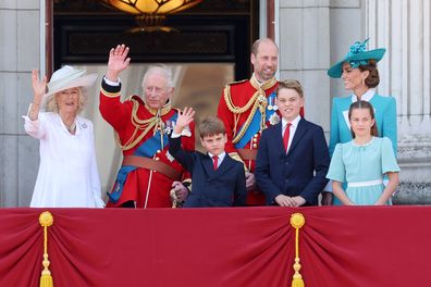 LONDON, ENGLAND - JUNE 14: Queen Camilla, King Charles III, Prince Louis of Wales, Prince William, Prince of Wales, Prince George of Wales, Catherine, Princess of Wales and Princess Charlotte of Wales wave from the balcony at Buckingham Palace during Trooping The Colour 2025 on June 14, 2025 in London, England. Trooping The Colour is a ceremonial parade celebrating the official birthday of the British Monarch. The event features over 1,400 soldiers and officers, accompanied by 200 horses. More t