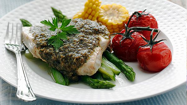 Swordfish with Vegemite and walnut pesto