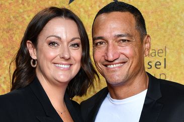 Celeste Barber and Api Robin attends the Australian premiere of Hamilton at Lyric Theatre, Star City on March 27, 2021 in Sydney, Australia.