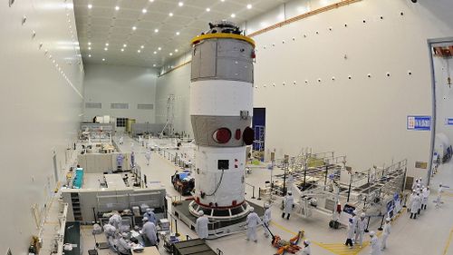 China's first space station module Tiangong-1 at the Jiuquan Satellite Launch Center in northwest China's Gansu Province prior to its launch on September 29, 2011. (AP)