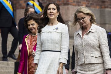 STOCKHOLM, SWEDEN - MAY 6: Queen Silvia, of Sweden, and Queen Mary, of Denmark, arrive at the Swedish Royal Institute of Technology on May 6, 2024 in Stockholm, Sweden. The King and Queen of Denmark are on a two day official state visit to Sweden, marking their first state visit since the King&#x27;s ascension. (Photo by Michael Campanella/Getty Images)