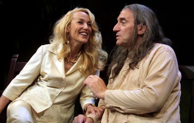 Jerry Hall, who plays Sugar Moran, and Stephen Greif, who plays Scott Ginsburg, perform in rehearsals for Benchmark, a new play by Bud Shrake and Michael Rudman at the New End Theater in Hampstead, London.  * The play opens to the public for six weeks from September 13. (Photo by Tim Whitby - PA Images/PA Images via Getty Images)