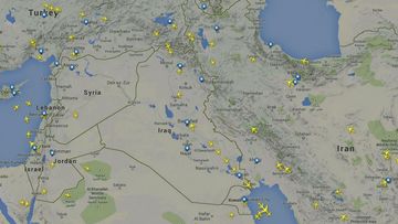 A flight path map from July 29, 2014, shows several commercial aircraft travelling through Iraqi airspace. (Flightradar24)