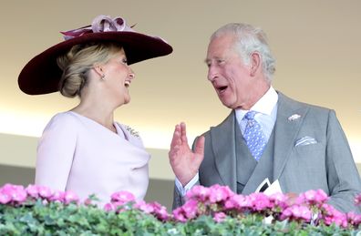 Sophie, Countess of Wessex and Prince Charles, Prince of Wales share a joke as they attend Royal Ascot 2022 at Ascot Racecourse on June 14, 2022 in Ascot, England.
