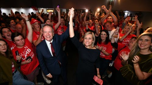 An elated party leader Bill Shorten acknowledged the victory in Braddon, and also in the Queensland seat of Longman, saying it is a huge win for the party. Picture: AAP.