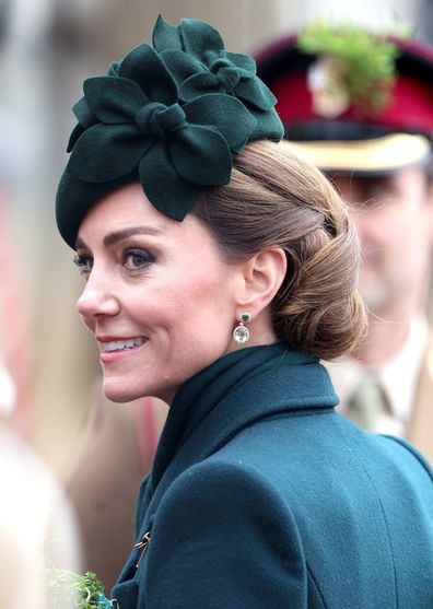 LONDON, ENGLAND - MARCH 17: Catherine, Princess of Wales smiles during the 2025 Irish Guards' St. Patrick's Day Parade at Wellington Barracks on March 17, 2025 in London, England. Catherine, Princess of Wales attends the parade as Colonel of the Regiment. (Photo by Chris Jackson/Getty Images)