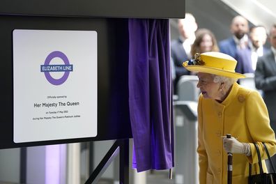 Queen Elizabeth II at Paddington station in London, Tuesday May 17, 2022, to mark the completion of London's Crossrail project, known as the Elizabeth Line