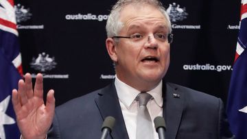 Prime Minister Scott Morrison during a press conference on the government&#x27;s response to the COVID-19 coronavirus pandemic, at Parliament House