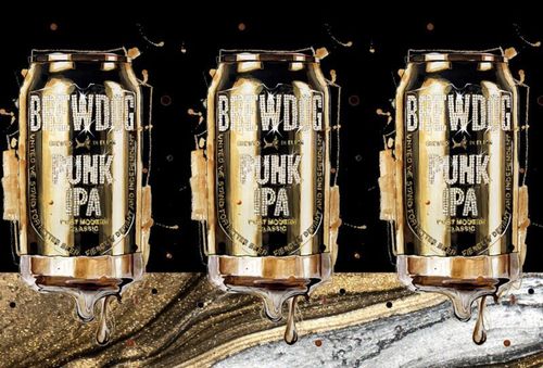 Promotional images of the golden beer cans produced by BeerDog.