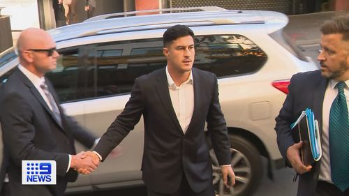 Paramatta Eels player Dylan Brown leaving court after facing charges of alleged sexual touching.