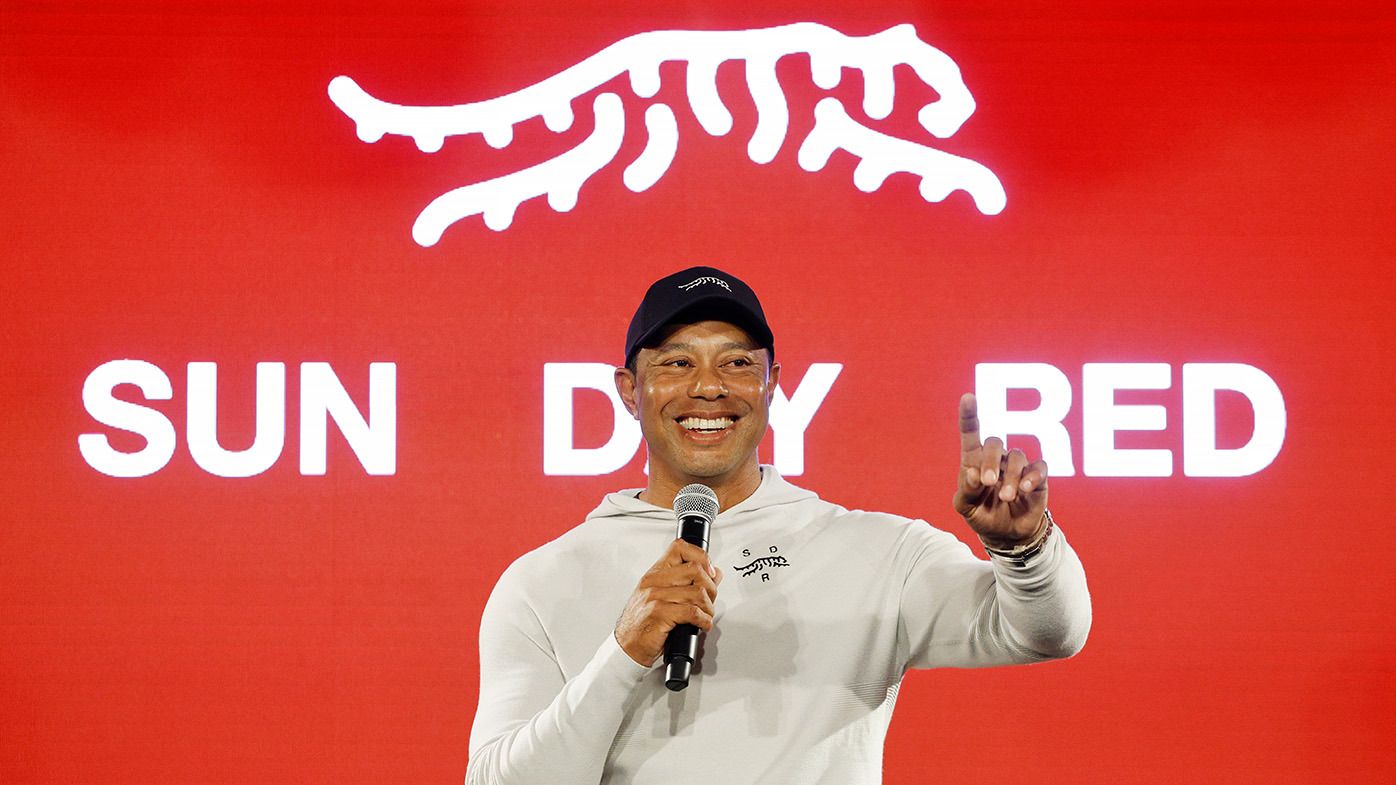 Tiger Woods speaks during the launch of Tiger Woods and TaylorMade Golf&#x27;s new apparel and footwear brand &quot;Sun Day Red&quot; at Palisades Village on February 12, 2024 in Pacific Palisades, California. (Photo by Kevork Djansezian/Getty Images)