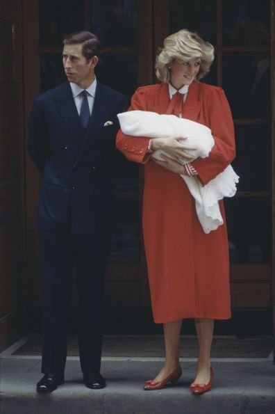 Charles and Diana leaving hospital with Prince Harry in 1984.