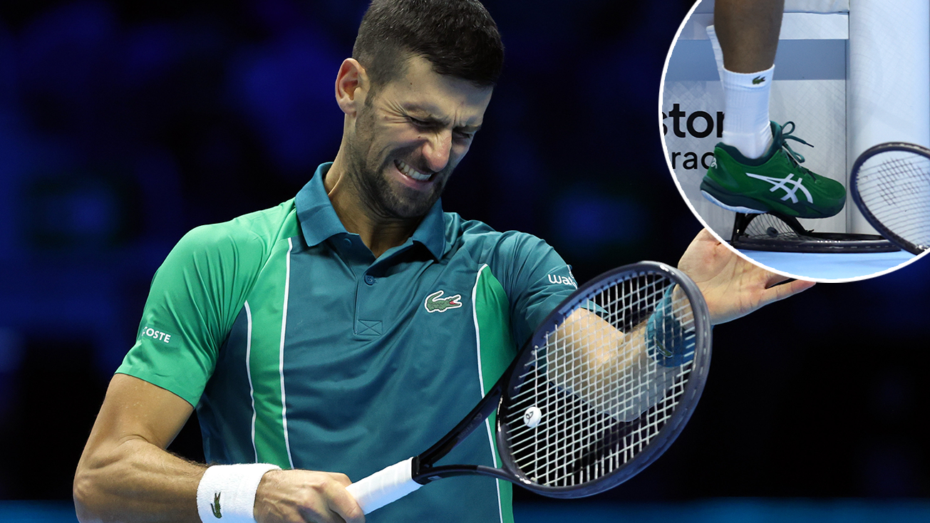 Novak Djokovic smashed racquet graphic. 