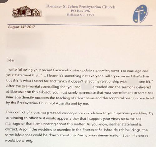 A copy of the letter sent to the couple by the church. 