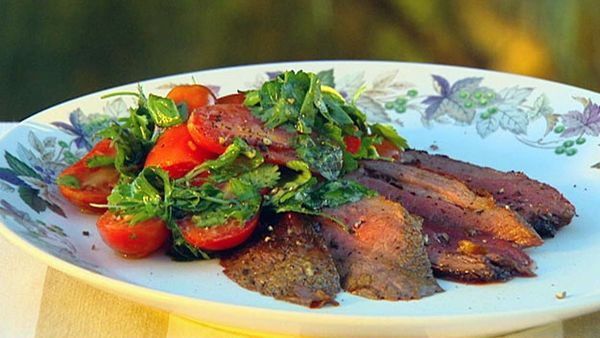 BBQ butterflied leg of lamb with herb salsa