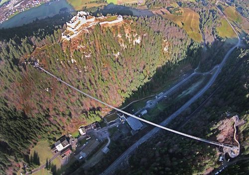 The 405 meters long suspension bridge 'highline179' connects the ruins of the Castle Ehrenberg with the remains of the Roman fortress 'Claudia' near Reutte in Tyrol, Austria