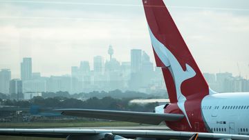 A Qantas plane on the tarmac at Sydney Airport.
