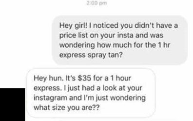 Spray tan exchange on Facebook.